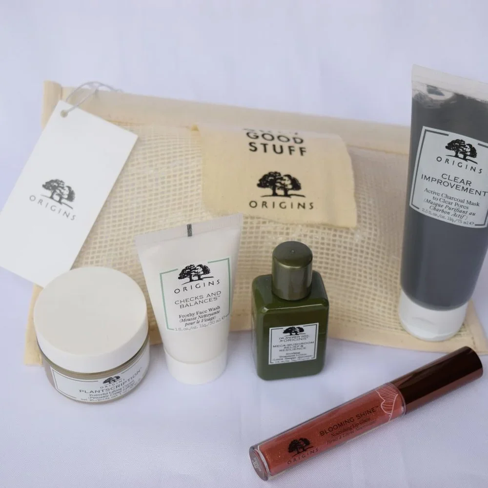 Origins Beauty Set-Beige Mesh Pouch,Cleanser,Lifting,Lotion,Gloss,Mask-6pc-NEW